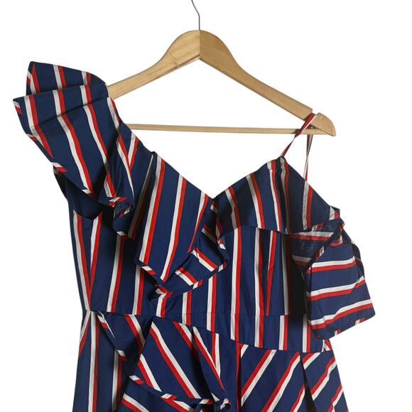 Alice + Olivia Red White Blue Stripe Asymmetrical Ruffle A-Line Cocktail Dress 2 - Picture 5 of 10